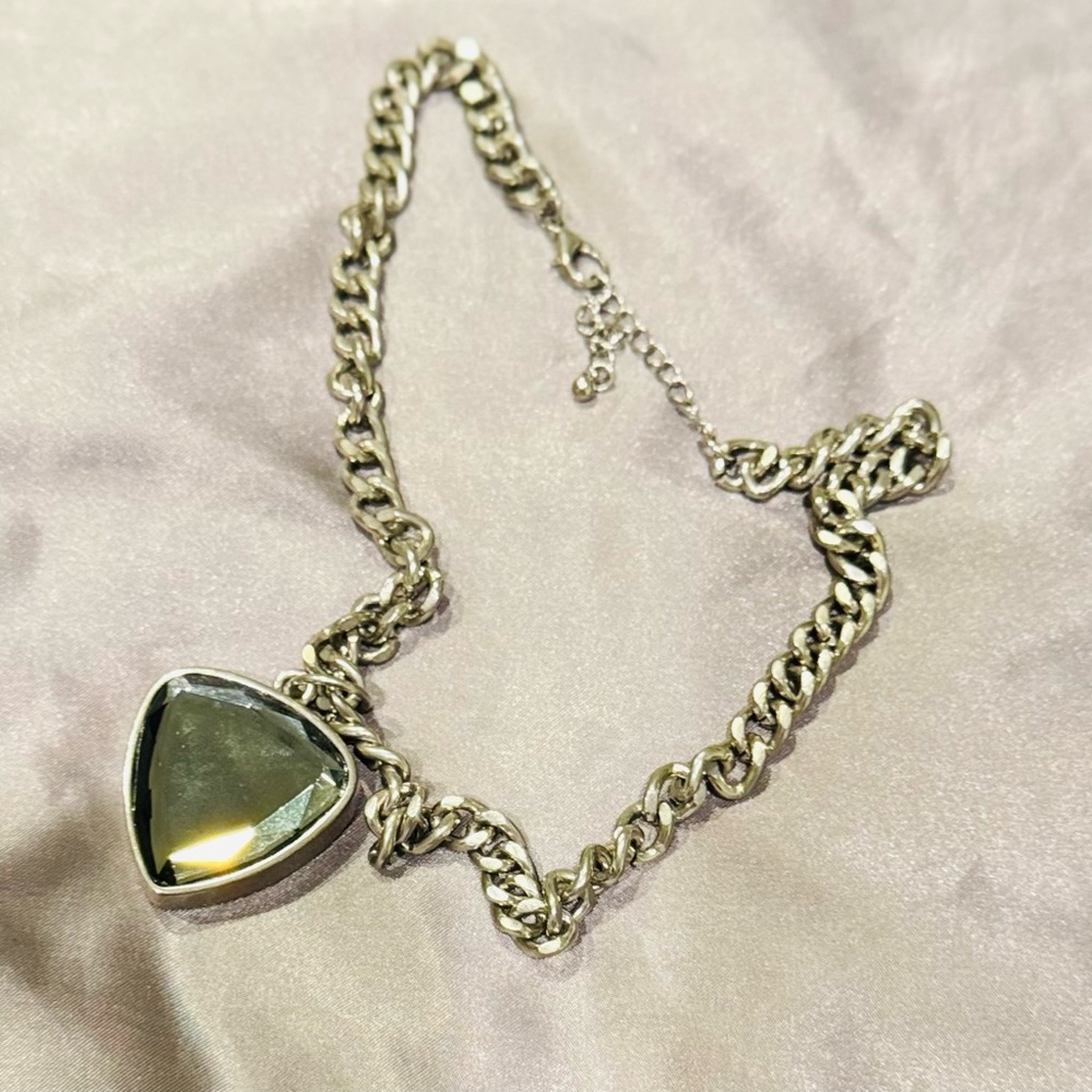 Chunky Silver Necklace with Green Stone Pendant